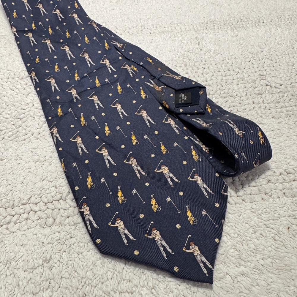 VTG Pura Seta Tie Blue Golf Golfer Print 100% Pure Silk Italy Novelty Necktie